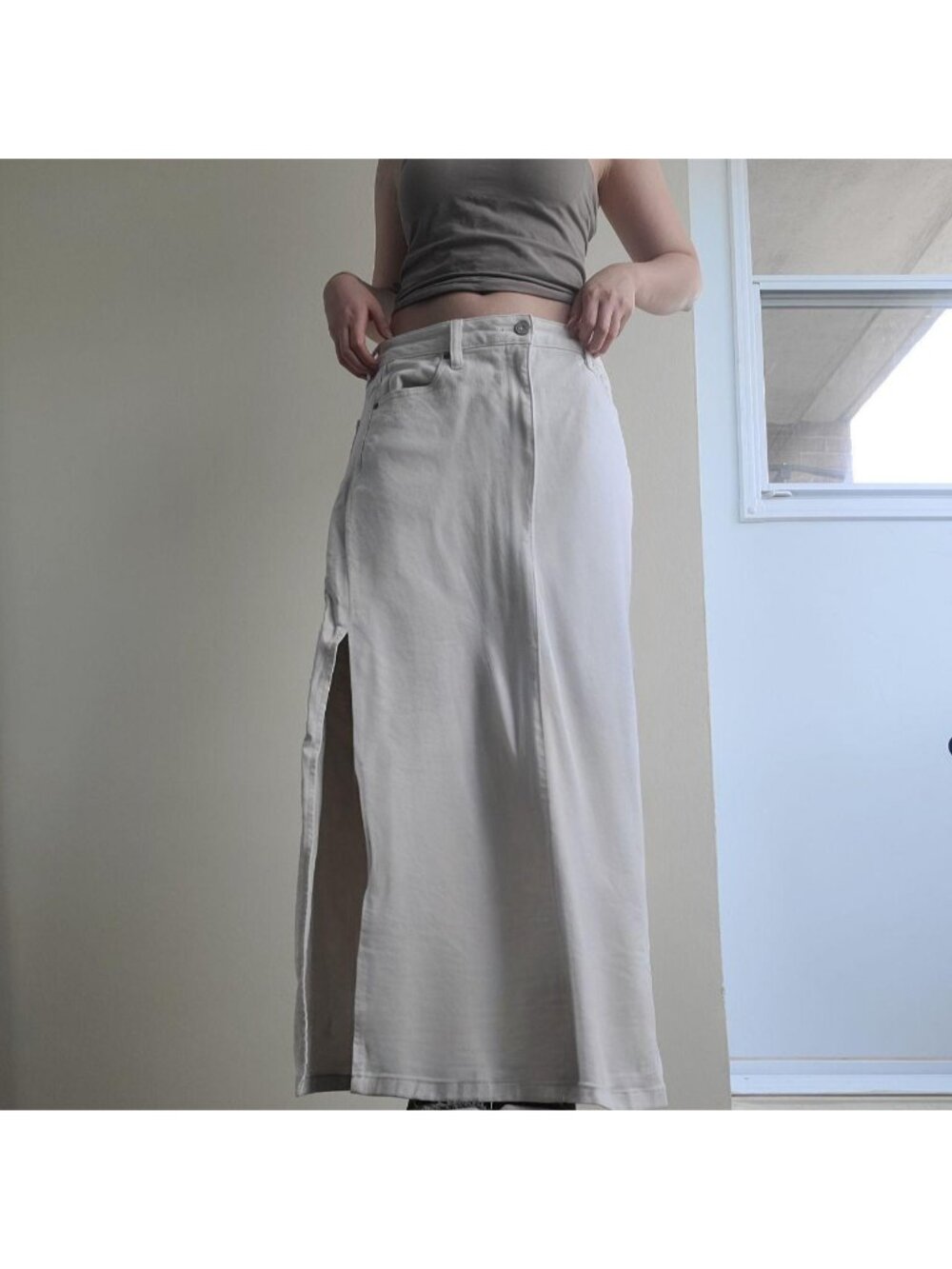 Hidden White Cream Front Slit Structural Denim Maxi Skirt (L)